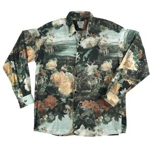 Vintage Neiman Marcus Shirt Mens Large Floral Scenic Print Long Sleeve 70s Disco